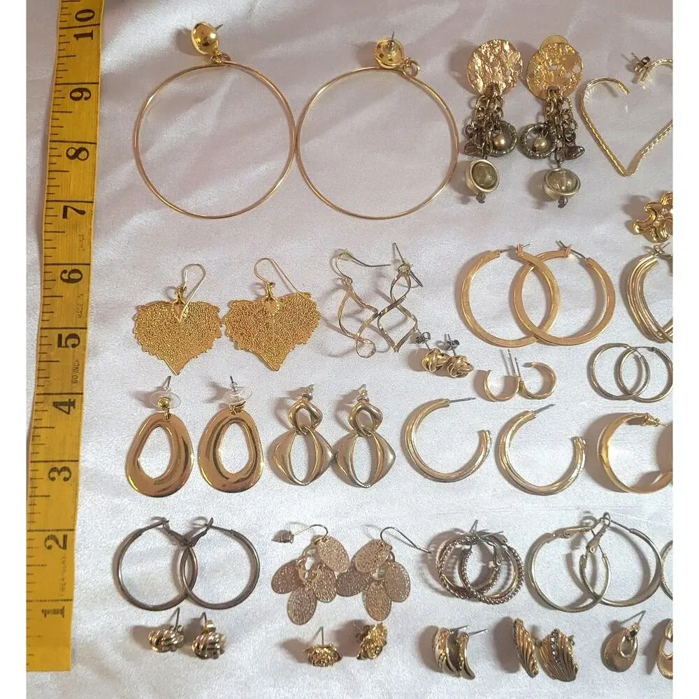35+ Pc Goldtone Vtg Y2K Pierced Earrings Lot Mixed Styles Hoops Dangle Drop